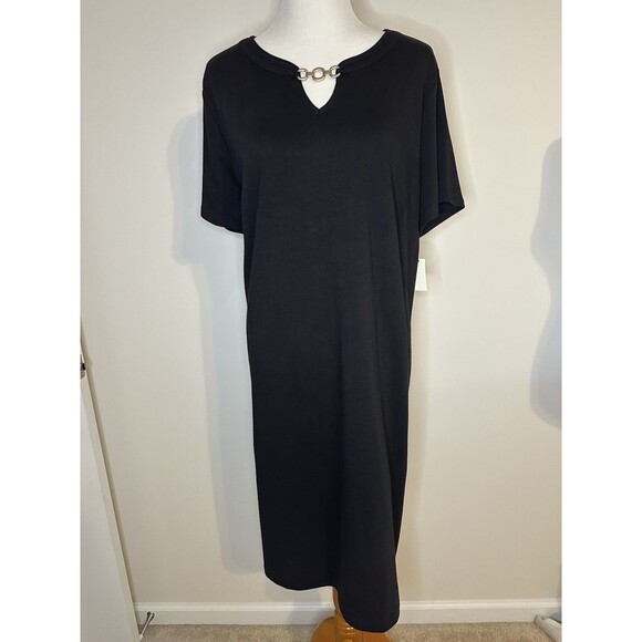 Talbots Midi Dress Black Short Sleeve Cotton Chain Neck Detail Plus Sz 3X #1392 - Picture 1 of 5